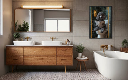 Grey Medium Poodle On Toilet Reading Newspaper Picture Canvas Wall Art