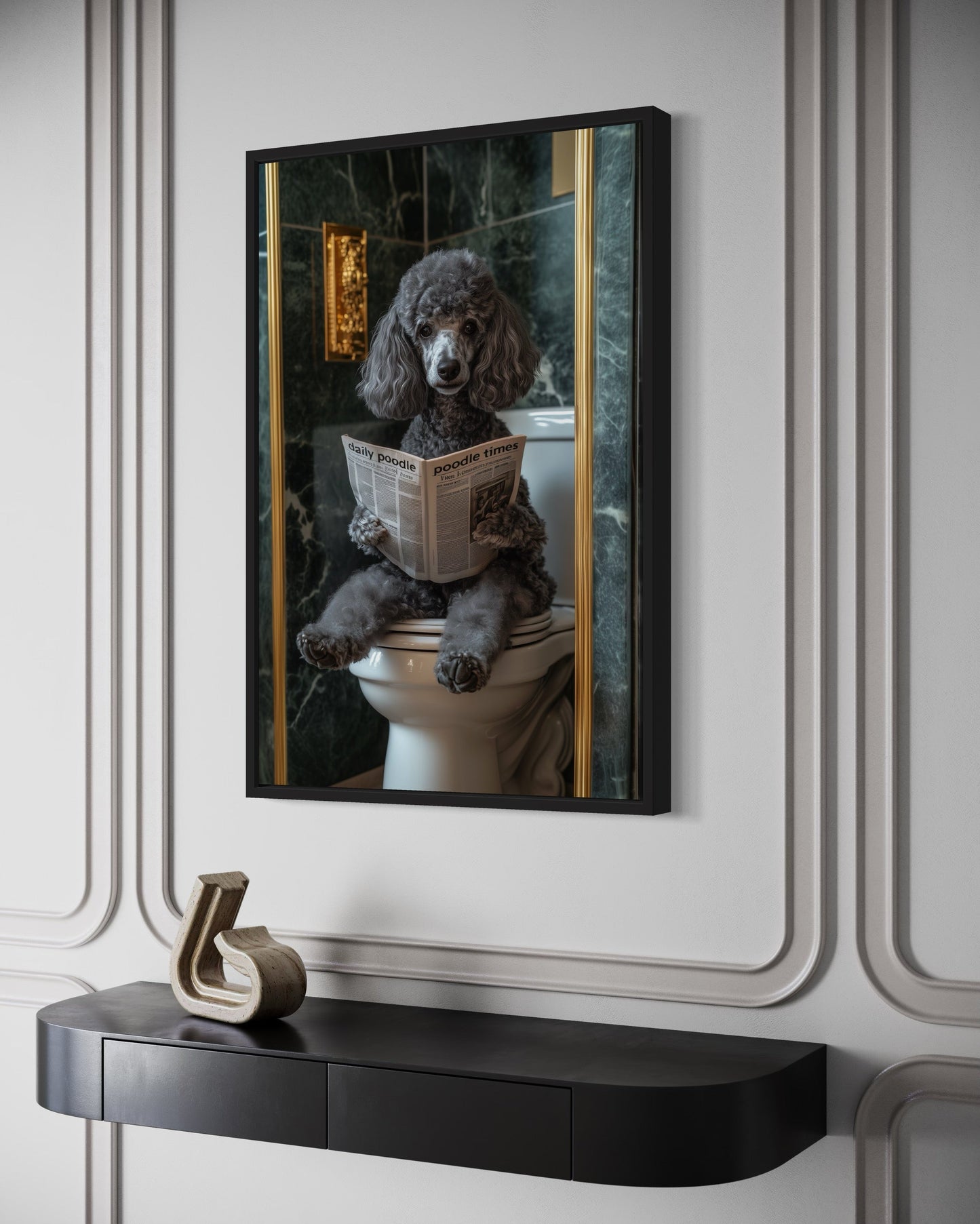 Grey Medium Poodle On Toilet Reading Newspaper Picture Canvas Wall Art