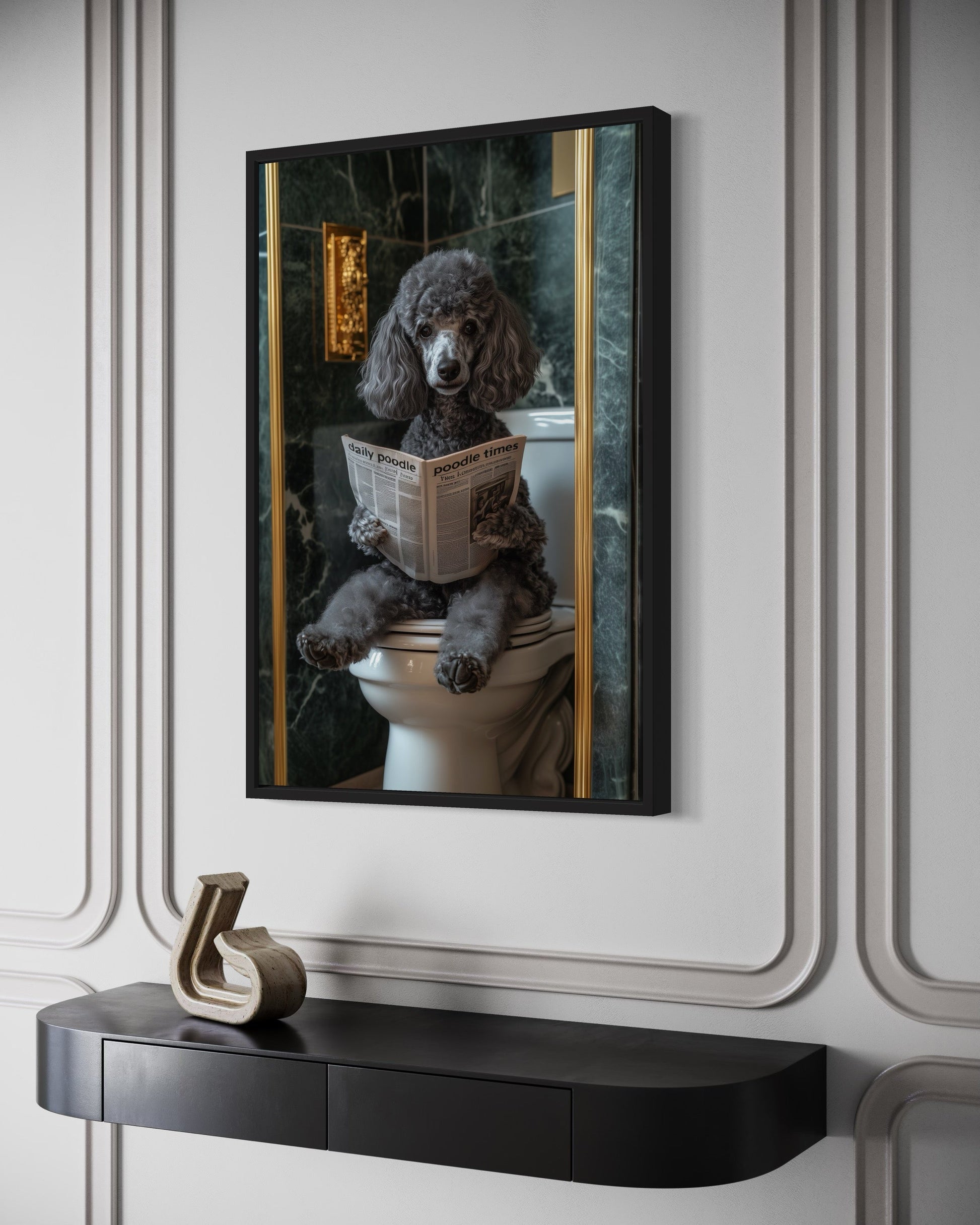 Grey Medium Poodle On Toilet Reading Newspaper Picture Canvas Wall Art