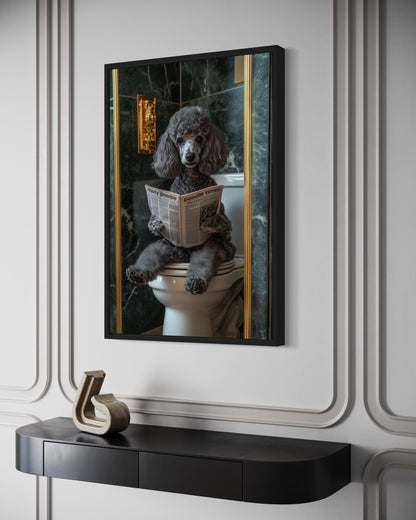 Grey Medium Poodle On Toilet Reading Newspaper Picture Canvas Wall Art