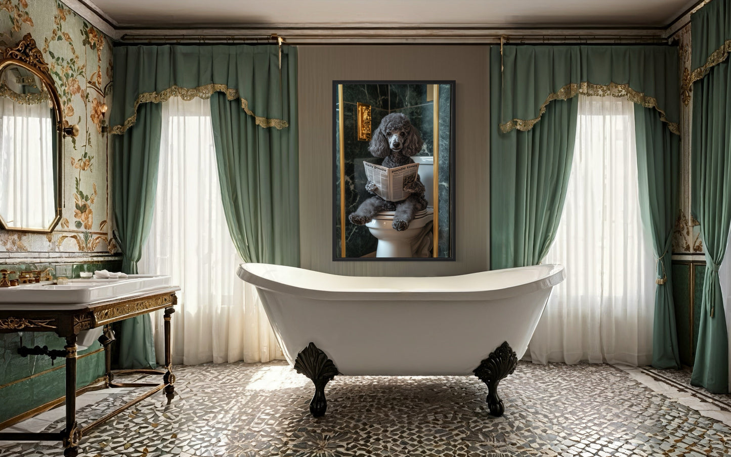 Grey Medium Poodle On Toilet Reading Newspaper Picture Canvas Wall Art