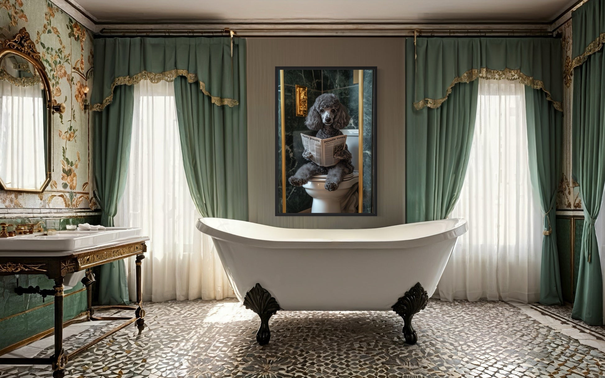 Grey Medium Poodle On Toilet Reading Newspaper Picture Canvas Wall Art