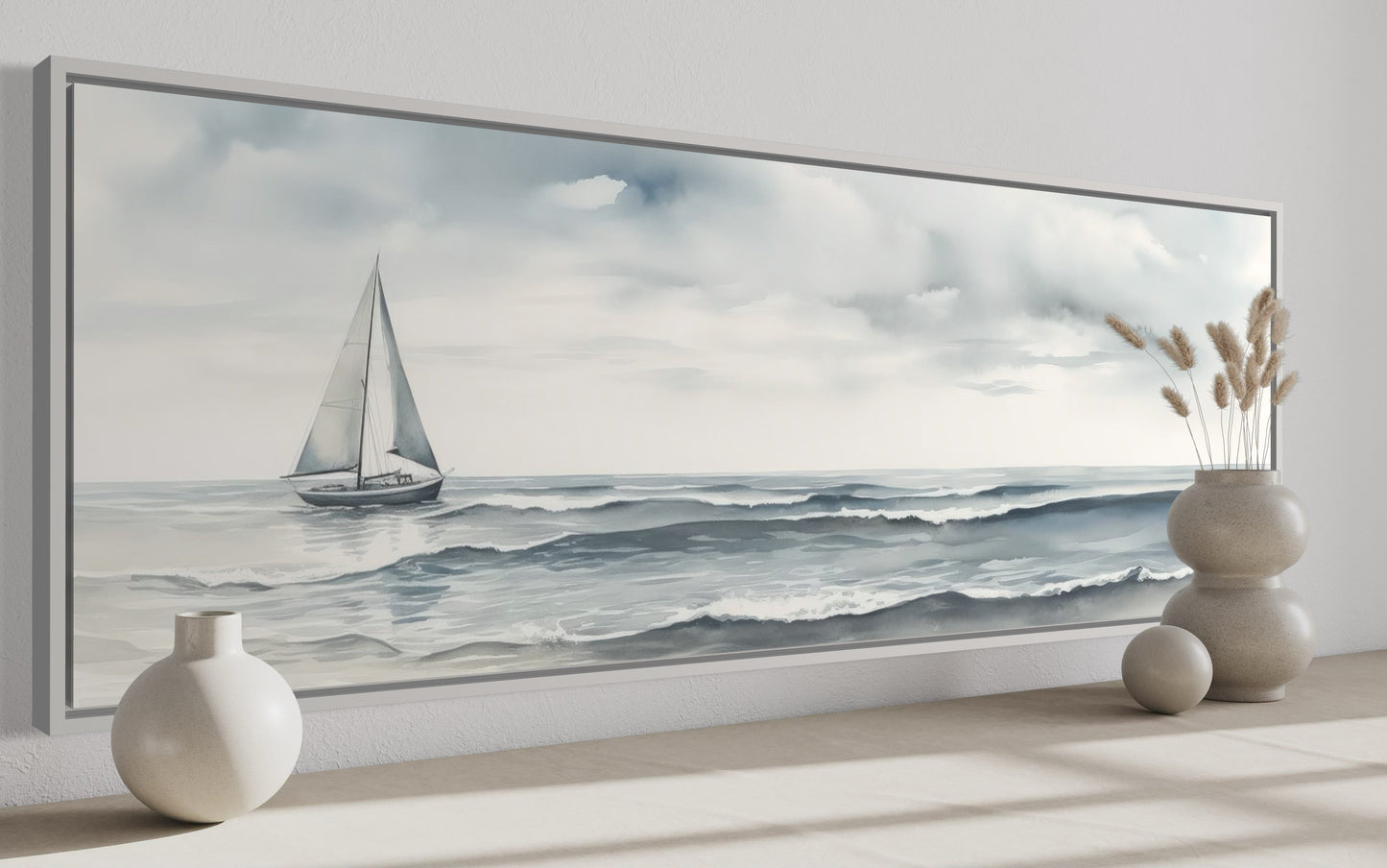 Grey Ocean And Sail Boat Coastal Horizontal Above Bed Canvas Wall Art