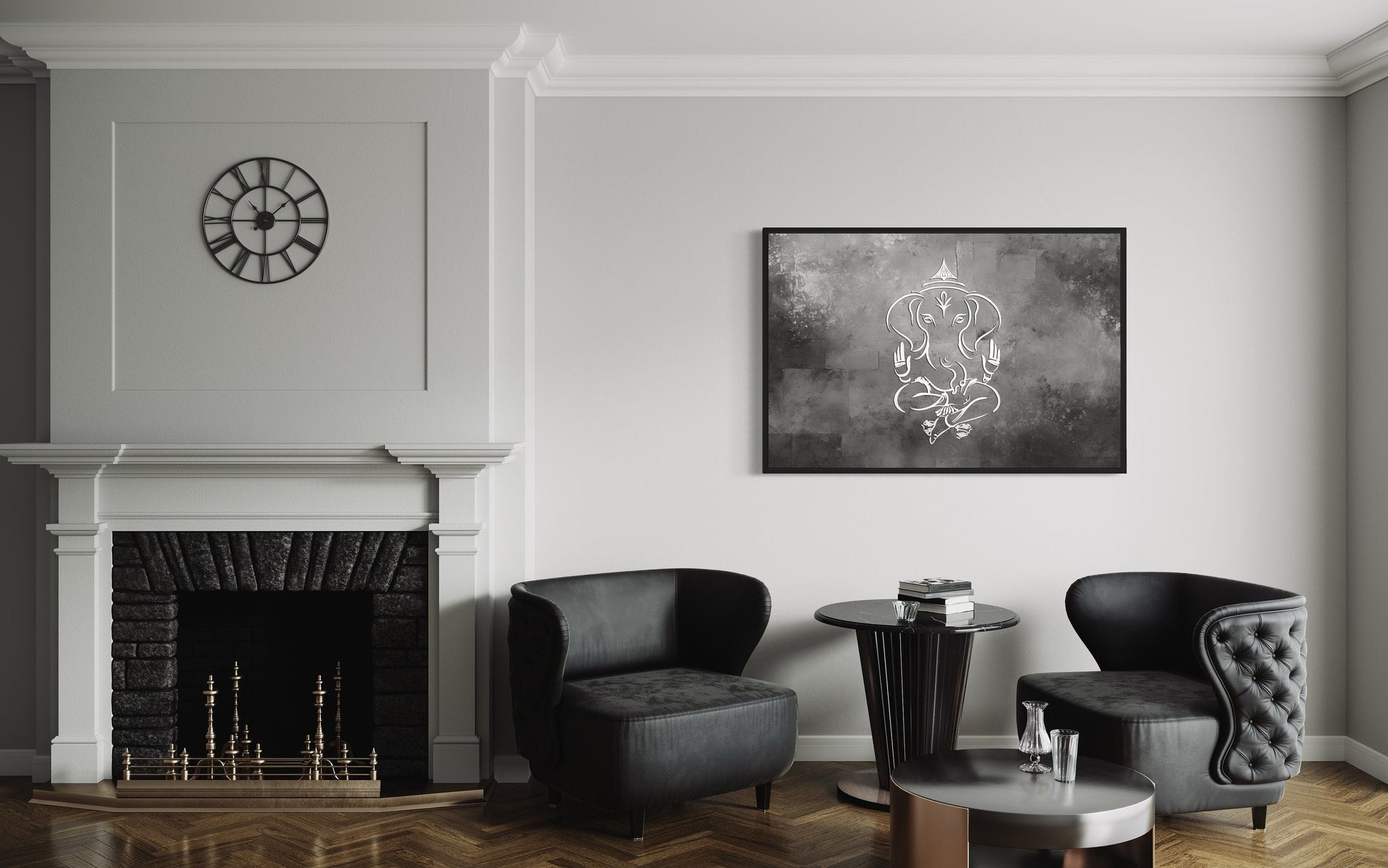 Grey Silver White Minimalist Lord Ganesh Framed Canvas Wall Art