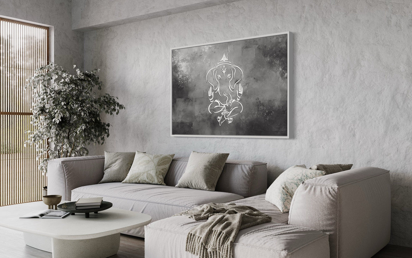 Grey Silver White Minimalist Lord Ganesh Framed Canvas Wall Art