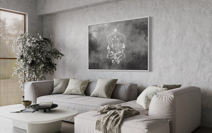 Grey Silver White Minimalist Lord Ganesh Framed Canvas Wall Art
