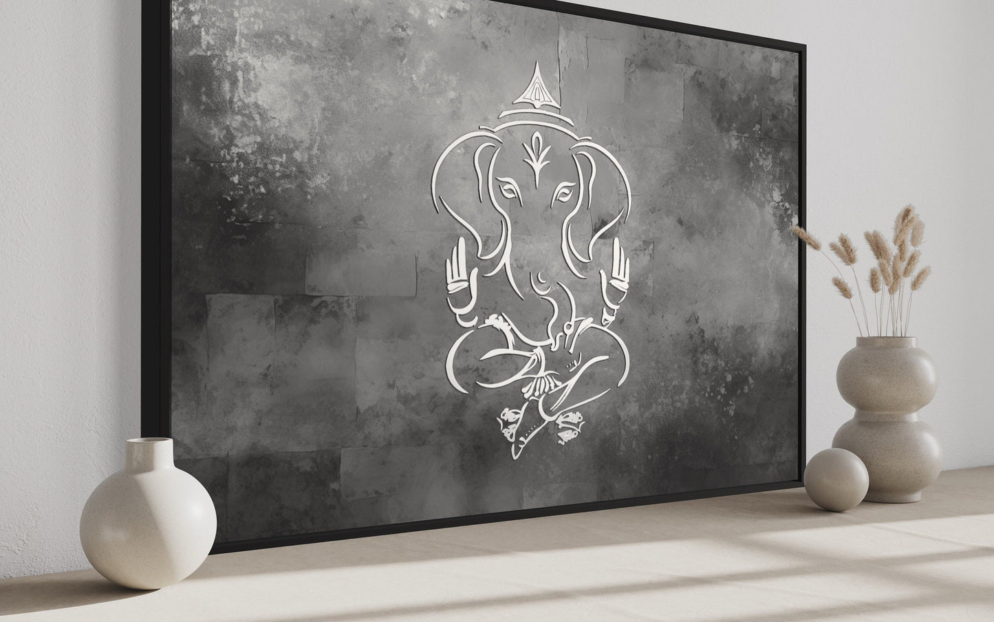 Grey Silver White Minimalist Lord Ganesh Framed Canvas Wall Art