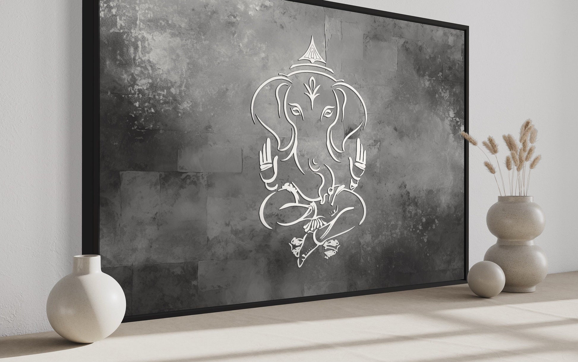 Grey Silver White Minimalist Lord Ganesh Framed Canvas Wall Art