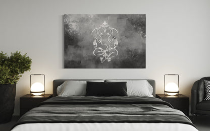 Grey Silver White Minimalist Lord Ganesh Framed Canvas Wall Art