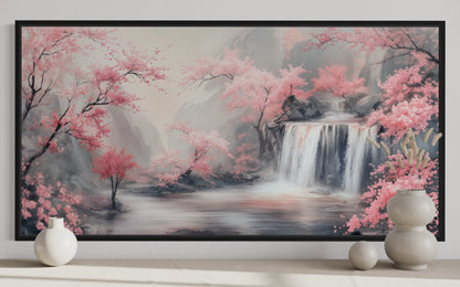 Blush Pink Cherry Blossom And Grey Waterfall Framed Canvas Wall Art, Pink Grey Decor