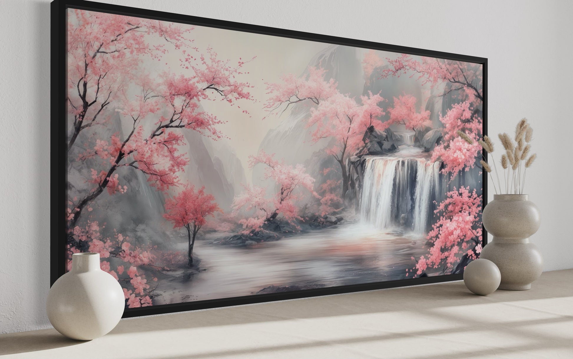 Blush Pink Cherry Blossom And Grey Waterfall Framed Canvas Wall Art, Pink Grey Decor