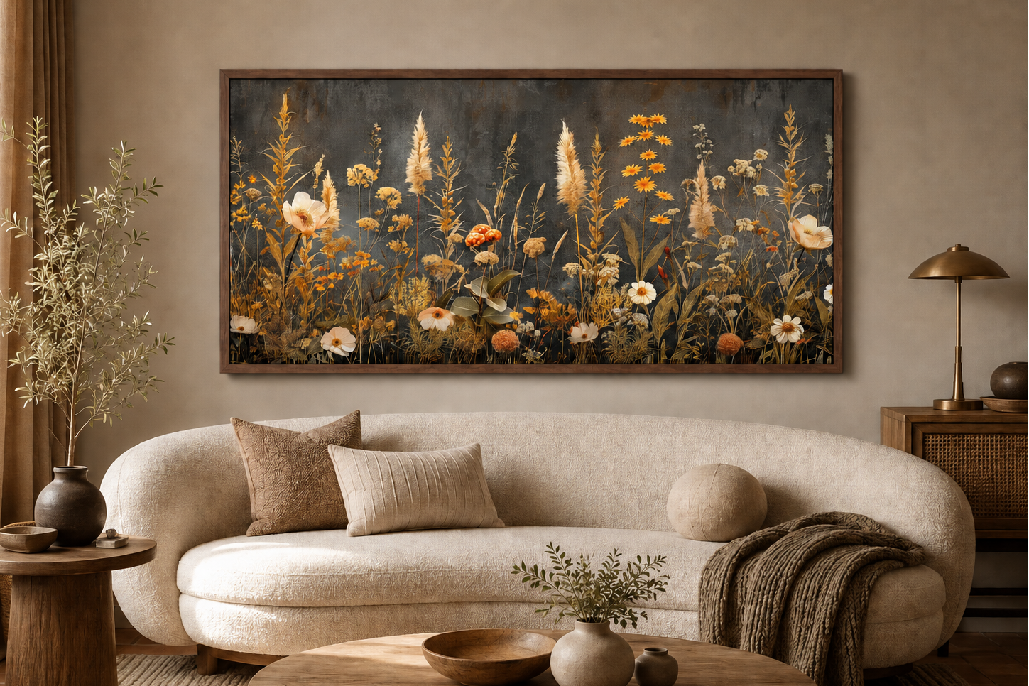 Grey Beige Grey Boho Wildflowers Field Framed Canvas Wall Art