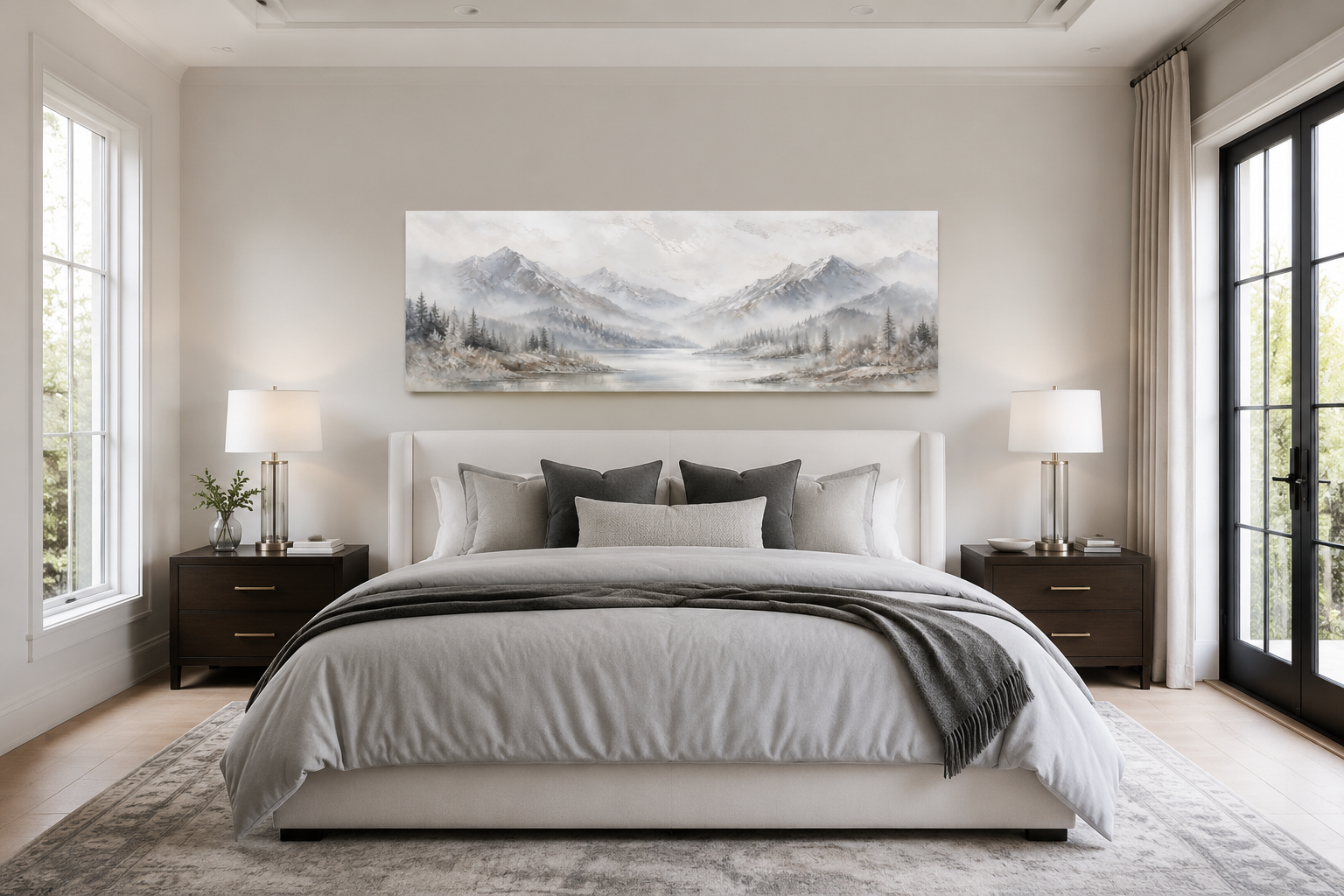 Minimalist Abstract Mountain Horizontal Grey Silver White Over Bed Wall Art