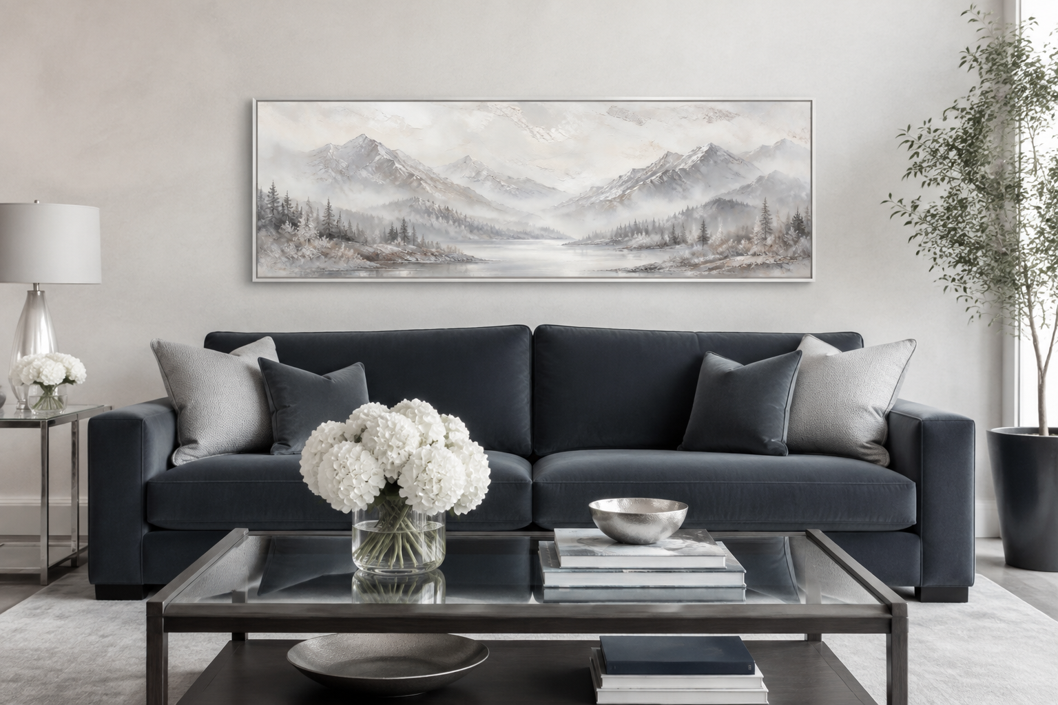 Minimalist Abstract Mountain Horizontal Grey Silver White Over Bed Wall Art