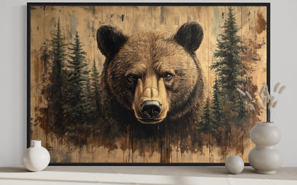 Grizzly Bear Portrait On Wood Rustic Framed Canvas Wall Art For Cabin Decor