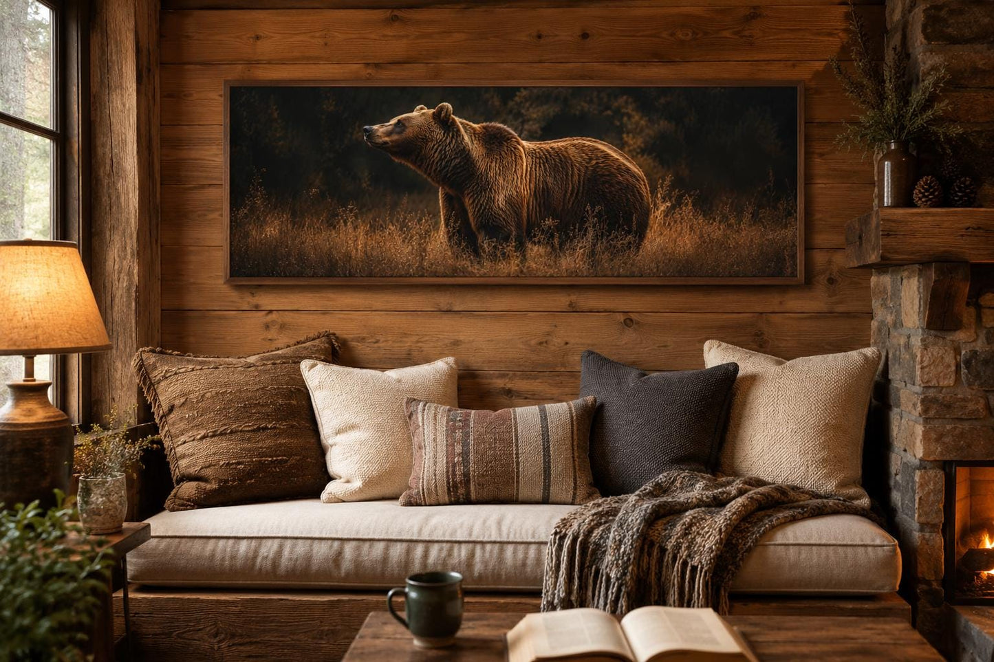 Grizzly Bear Standing in Golden Grass at Dusk, Rustic Brown Long Horizontal Cabin Wall Art