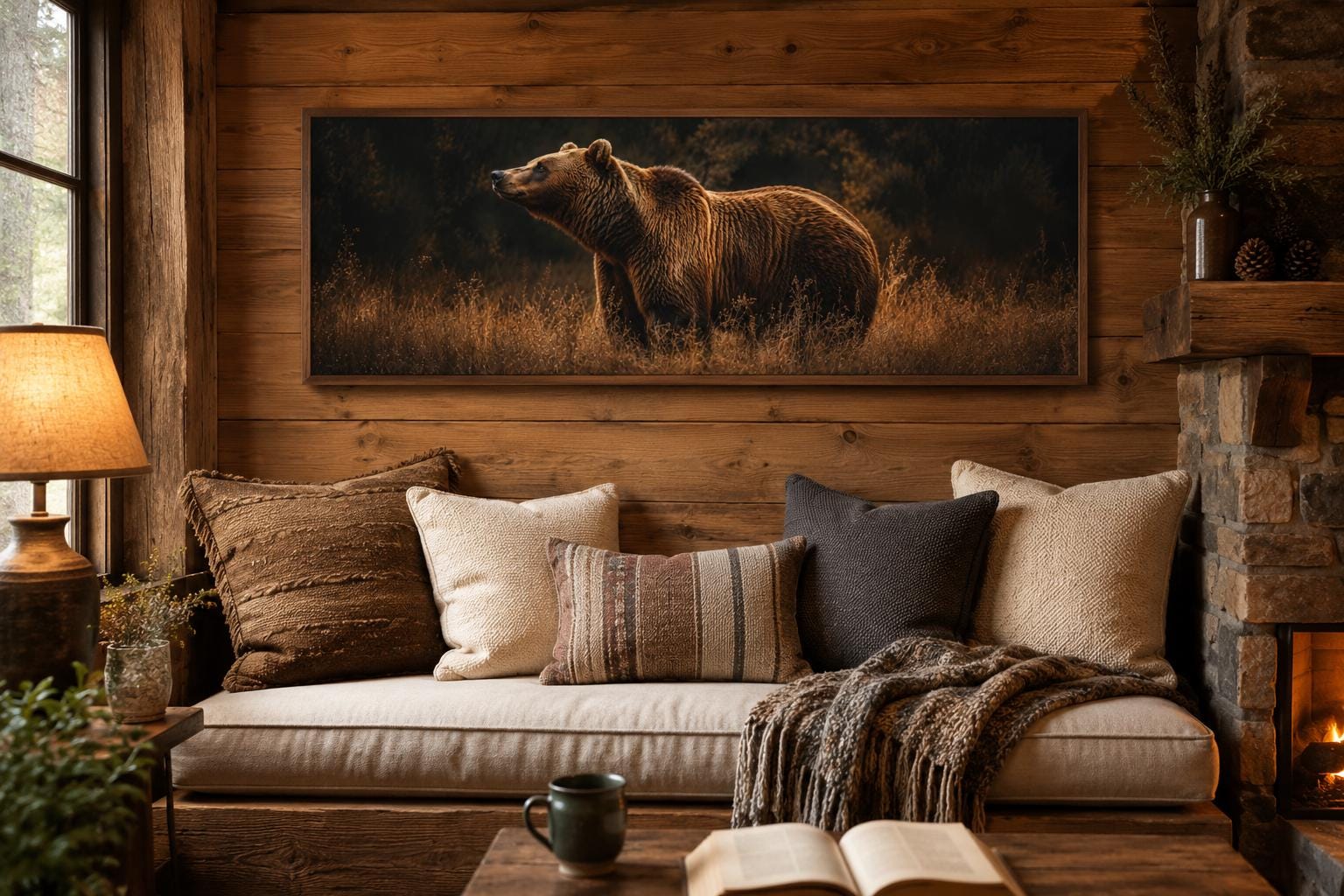 Grizzly Bear Standing in Golden Grass at Dusk, Rustic Brown Long Horizontal Cabin Wall Art