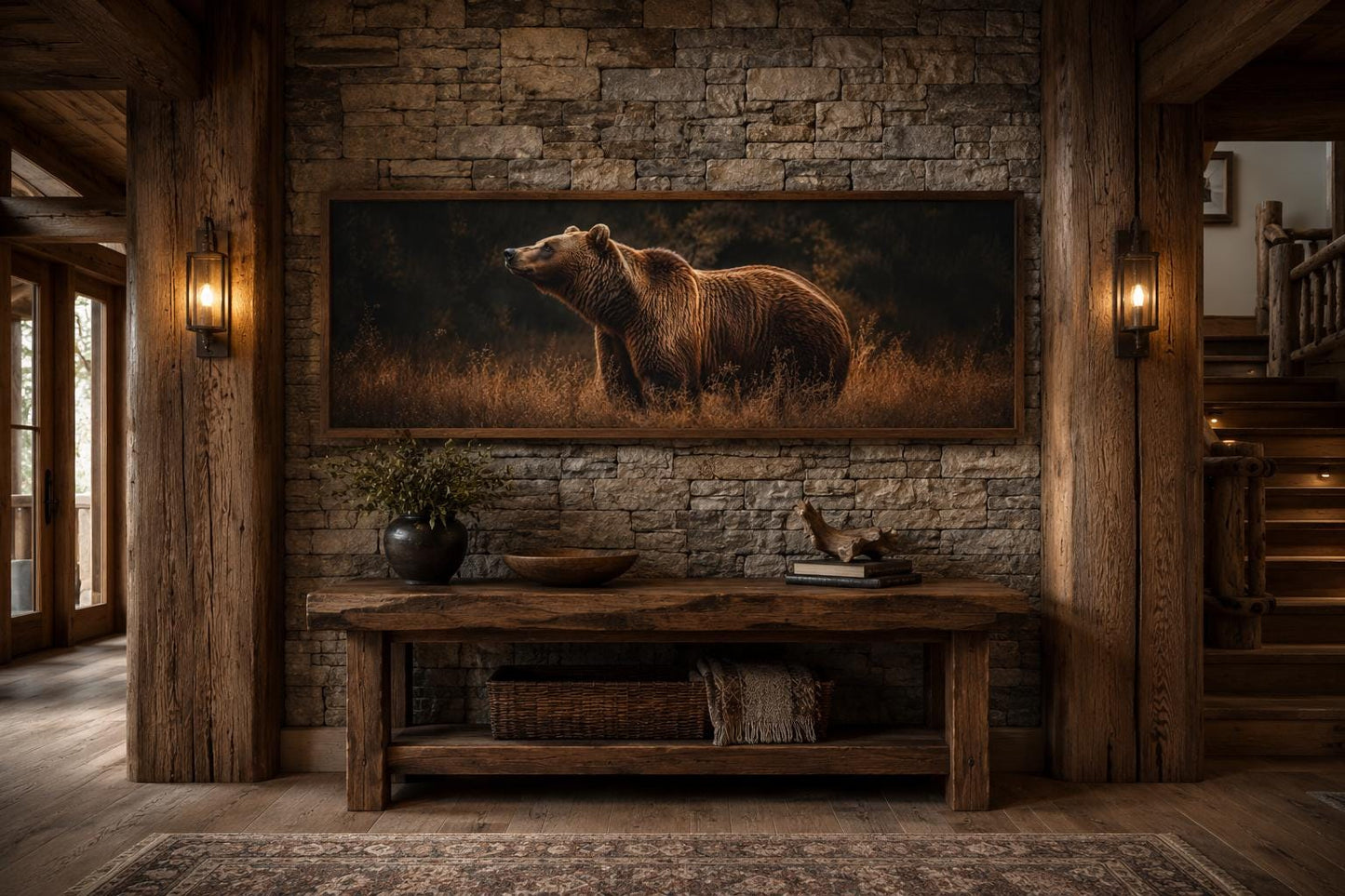Grizzly Bear Standing in Golden Grass at Dusk, Rustic Brown Long Horizontal Cabin Wall Art