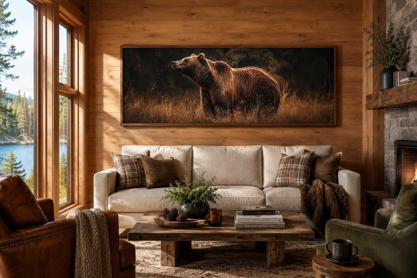 Grizzly Bear Standing in Golden Grass at Dusk, Rustic Brown Long Horizontal Cabin Wall Art