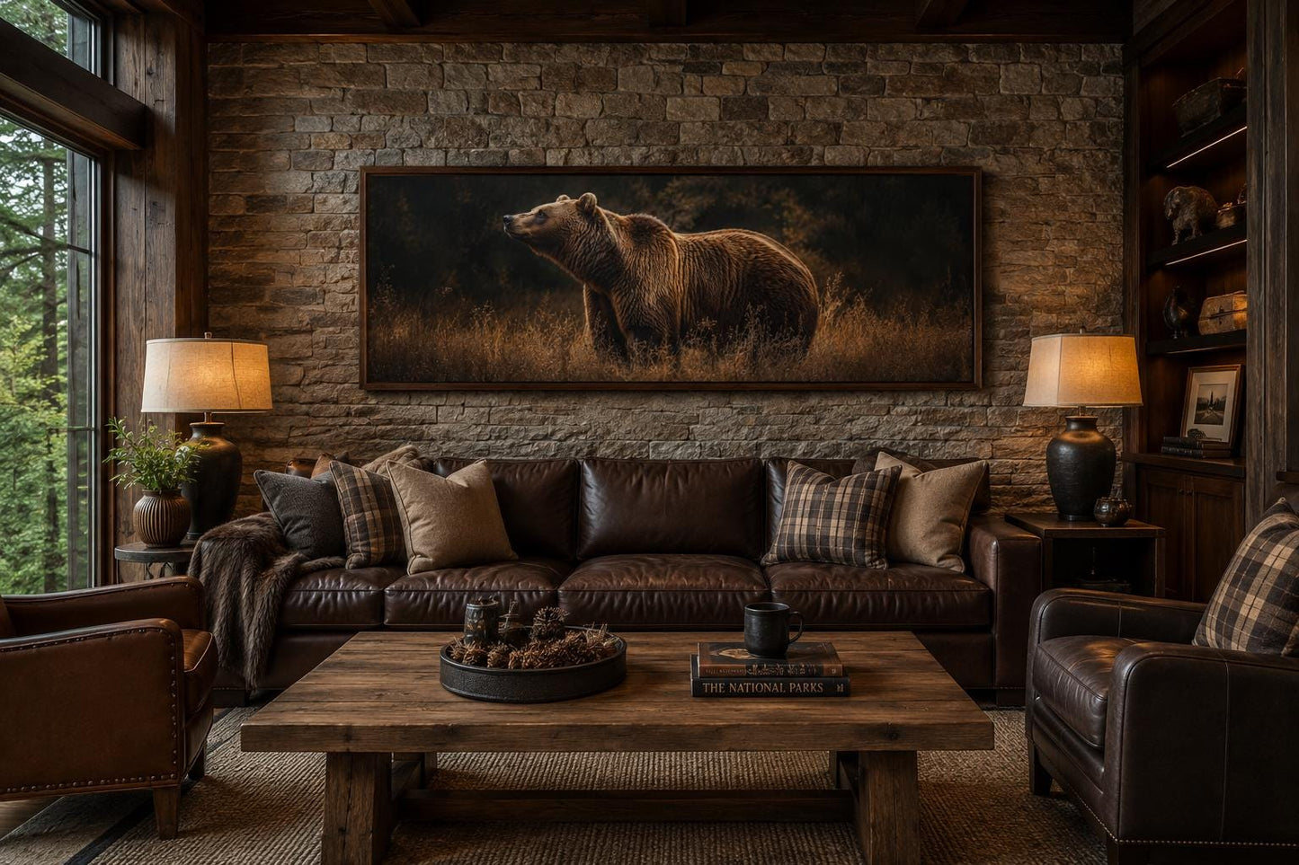Grizzly Bear Standing in Golden Grass at Dusk, Rustic Brown Long Horizontal Cabin Wall Art
