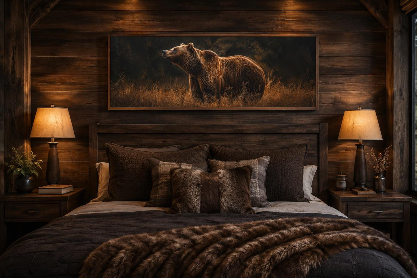 Grizzly Bear Standing in Golden Grass at Dusk, Rustic Brown Long Horizontal Cabin Wall Art
