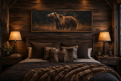 Grizzly Bear Standing in Golden Grass at Dusk, Rustic Brown Long Horizontal Cabin Wall Art
