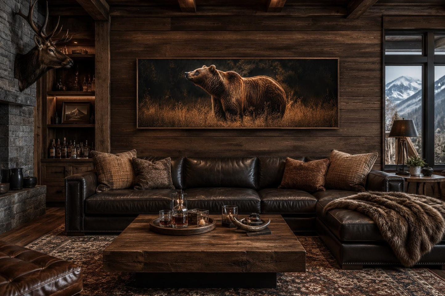 Grizzly Bear Standing in Golden Grass at Dusk, Rustic Brown Long Horizontal Cabin Wall Art
