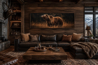 Grizzly Bear Standing in Golden Grass at Dusk, Rustic Brown Long Horizontal Cabin Wall Art