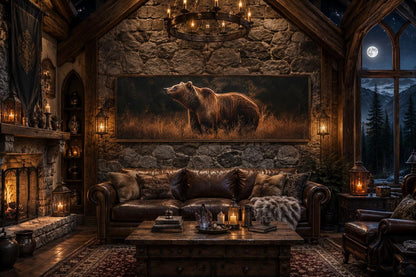 Grizzly Bear Standing in Golden Grass at Dusk, Rustic Brown Long Horizontal Cabin Wall Art