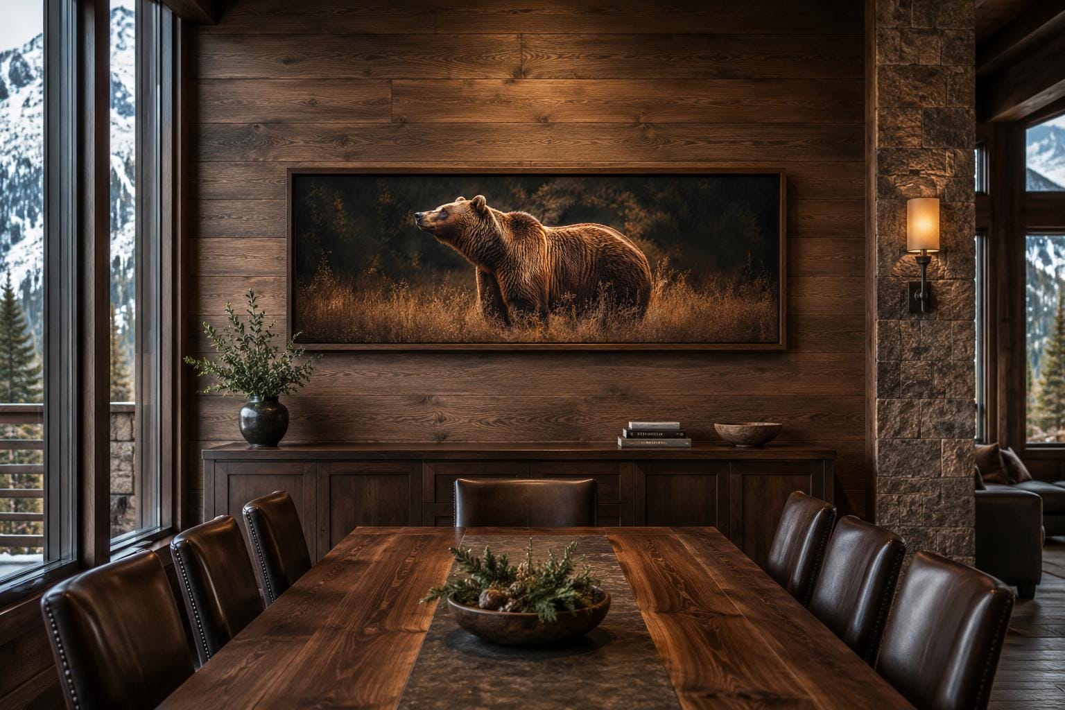 Grizzly Bear Standing in Golden Grass at Dusk, Rustic Brown Long Horizontal Cabin Wall Art