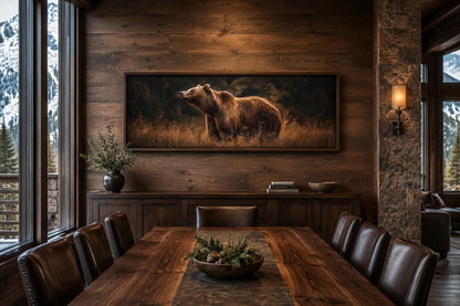 Grizzly Bear Standing in Golden Grass at Dusk, Rustic Brown Long Horizontal Cabin Wall Art