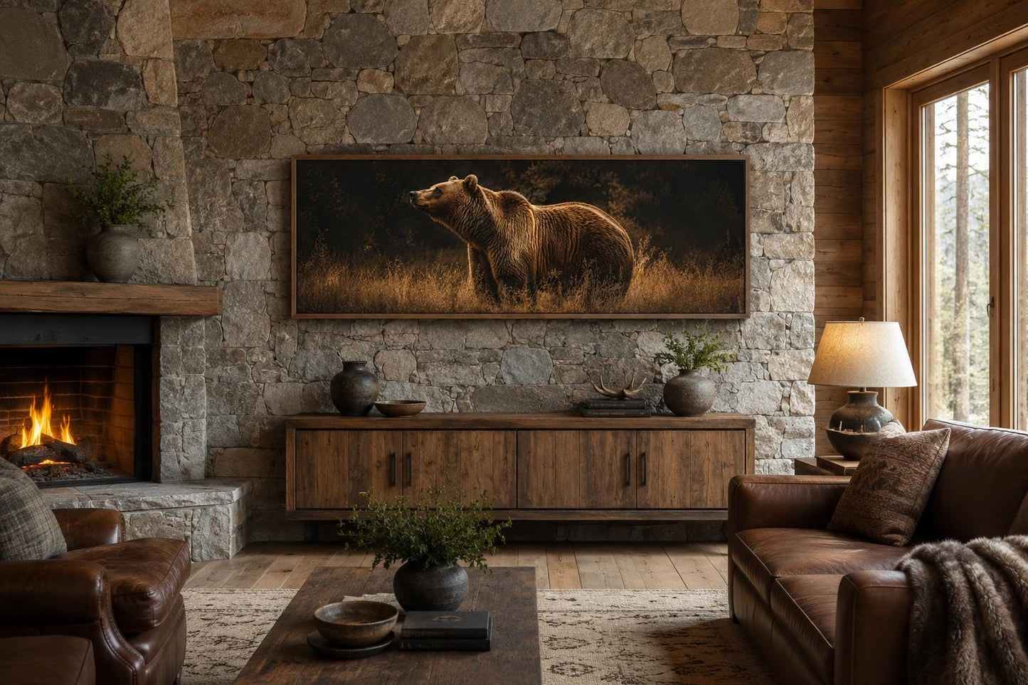 Grizzly Bear Standing in Golden Grass at Dusk, Rustic Brown Long Horizontal Cabin Wall Art