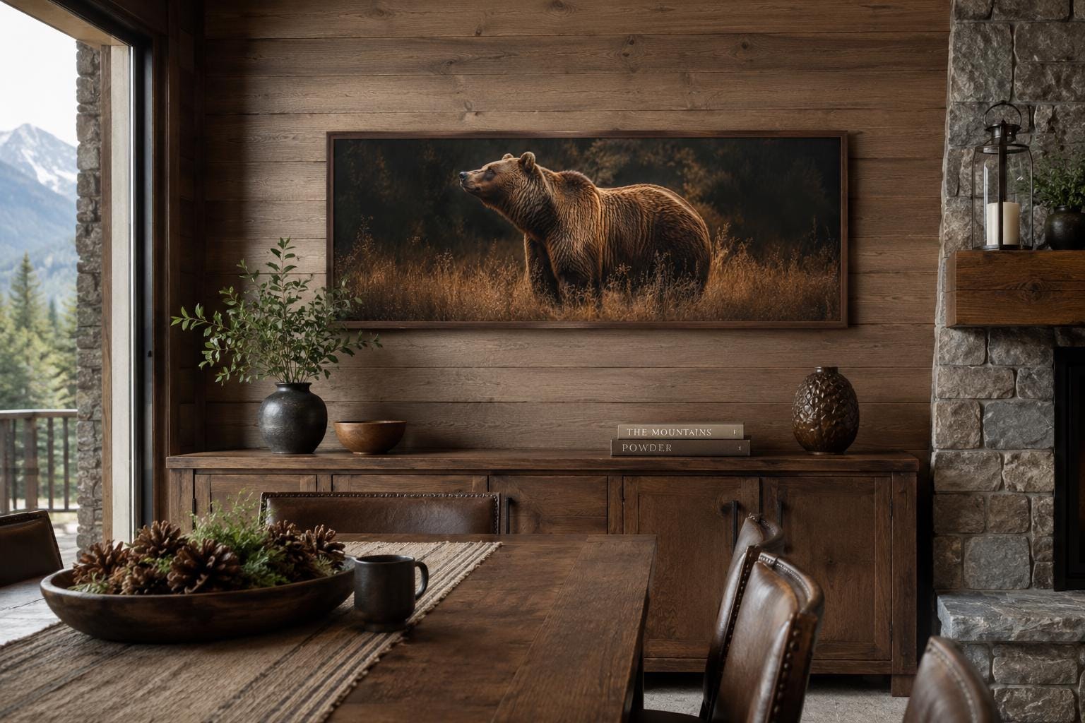 Grizzly Bear Standing in Golden Grass at Dusk, Rustic Brown Long Horizontal Cabin Wall Art