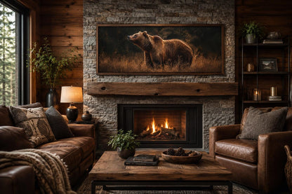 Grizzly Bear Standing in Golden Grass at Dusk, Rustic Brown Long Horizontal Cabin Wall Art