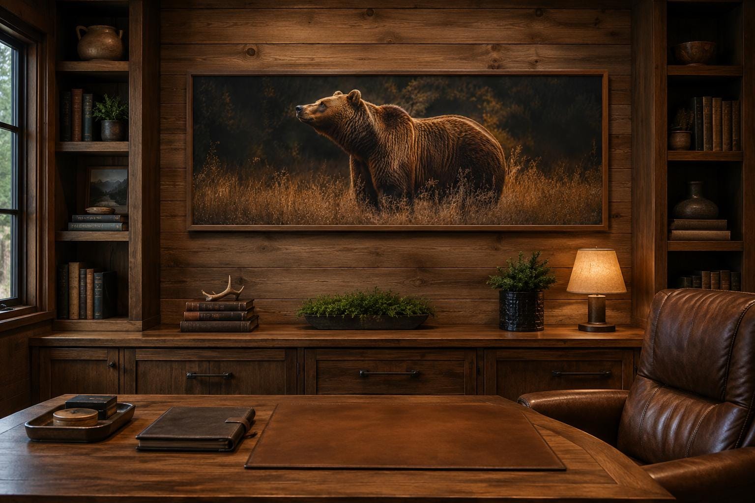Grizzly Bear Standing in Golden Grass at Dusk, Rustic Brown Long Horizontal Cabin Wall Art