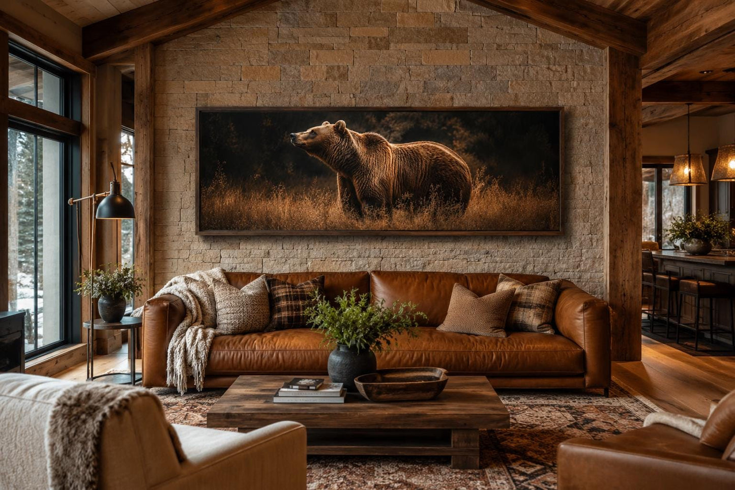 Grizzly Bear Standing in Golden Grass at Dusk, Rustic Brown Long Horizontal Cabin Wall Art