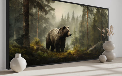 Grizzly Bear Wall Art – Rustic Cabin Canvas Print | Foggy Forest Wildlife Decor