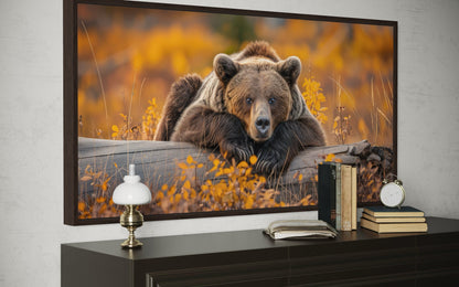 Grizzly Bear Wall Art - Rustic Cabin Canvas Print With Autumn Forest Colors