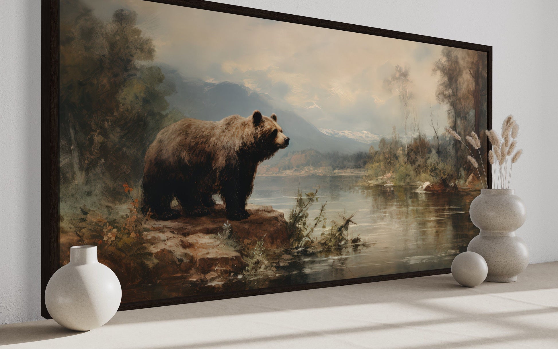 Grizzly Bear Wall Art - Rustic Cabin Decor Wildlife Canvas Print Framed