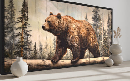 Grizzly Bear Wall Art - Rustic Canvas Print With Wood Effect For Cabin Decor
