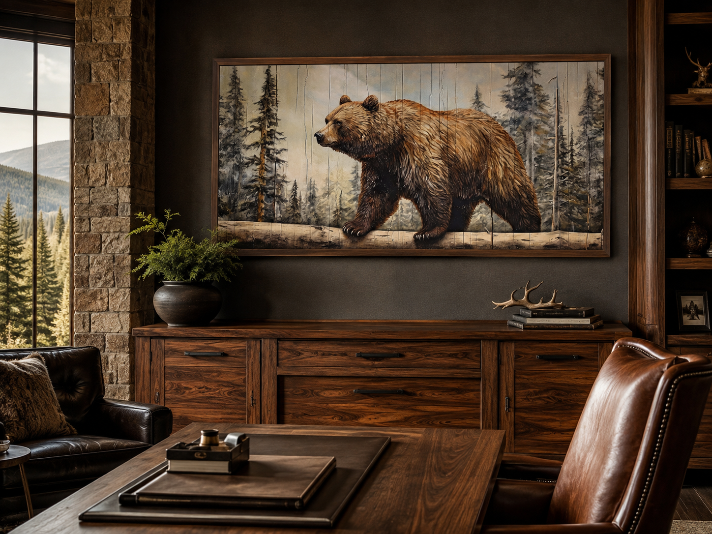 Grizzly Bear Wall Art - Rustic Canvas Print With Wood Effect For Cabin Decor