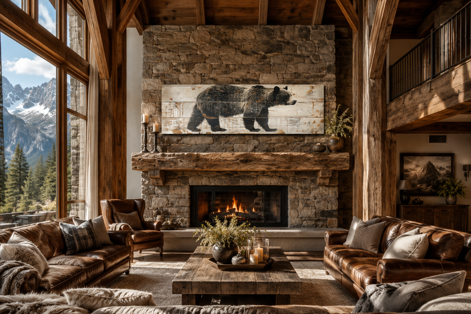 Bear Painted On Wood Long Horizontal Framed Canvas Wall Art For Cabin Decor