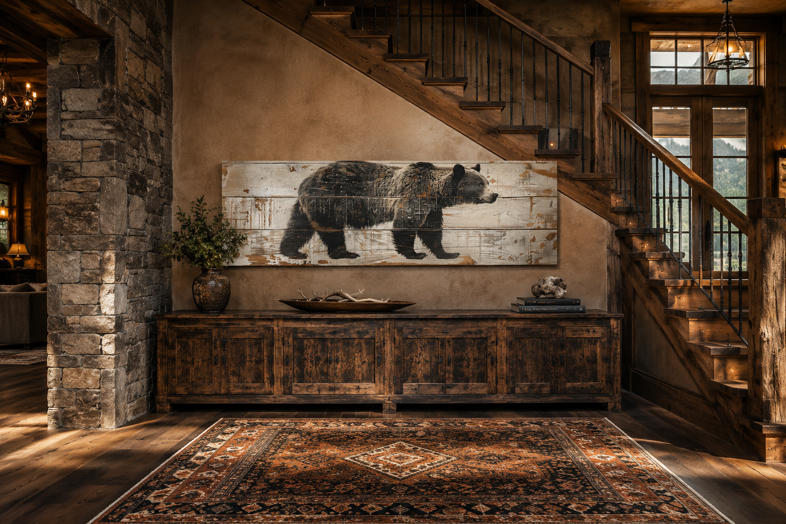 Bear Painted On Wood Long Horizontal Framed Canvas Wall Art For Cabin Decor