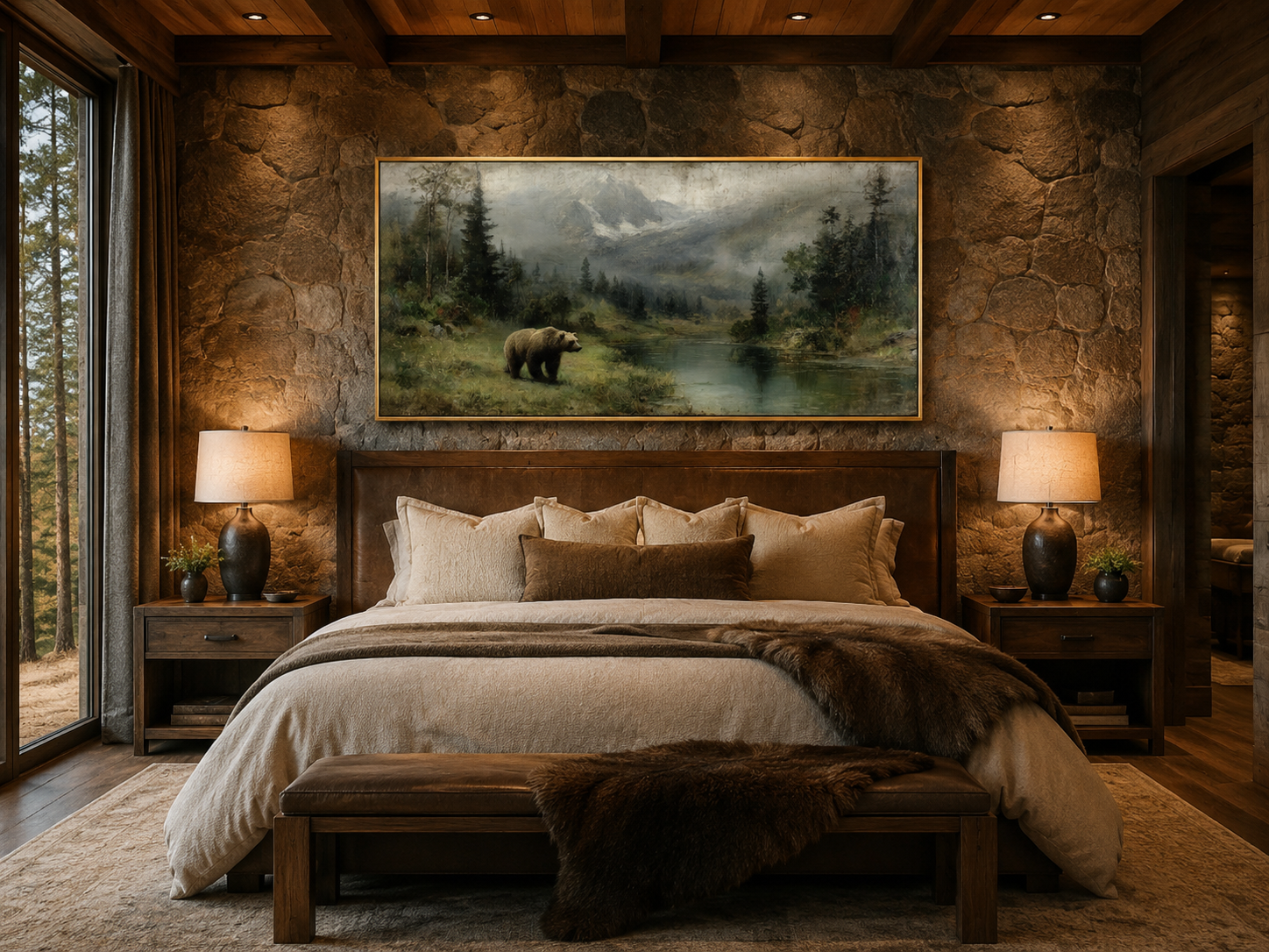 Grizzly Bear On The Lake Rustic Framed Canvas Wall Art For Cabin Decor