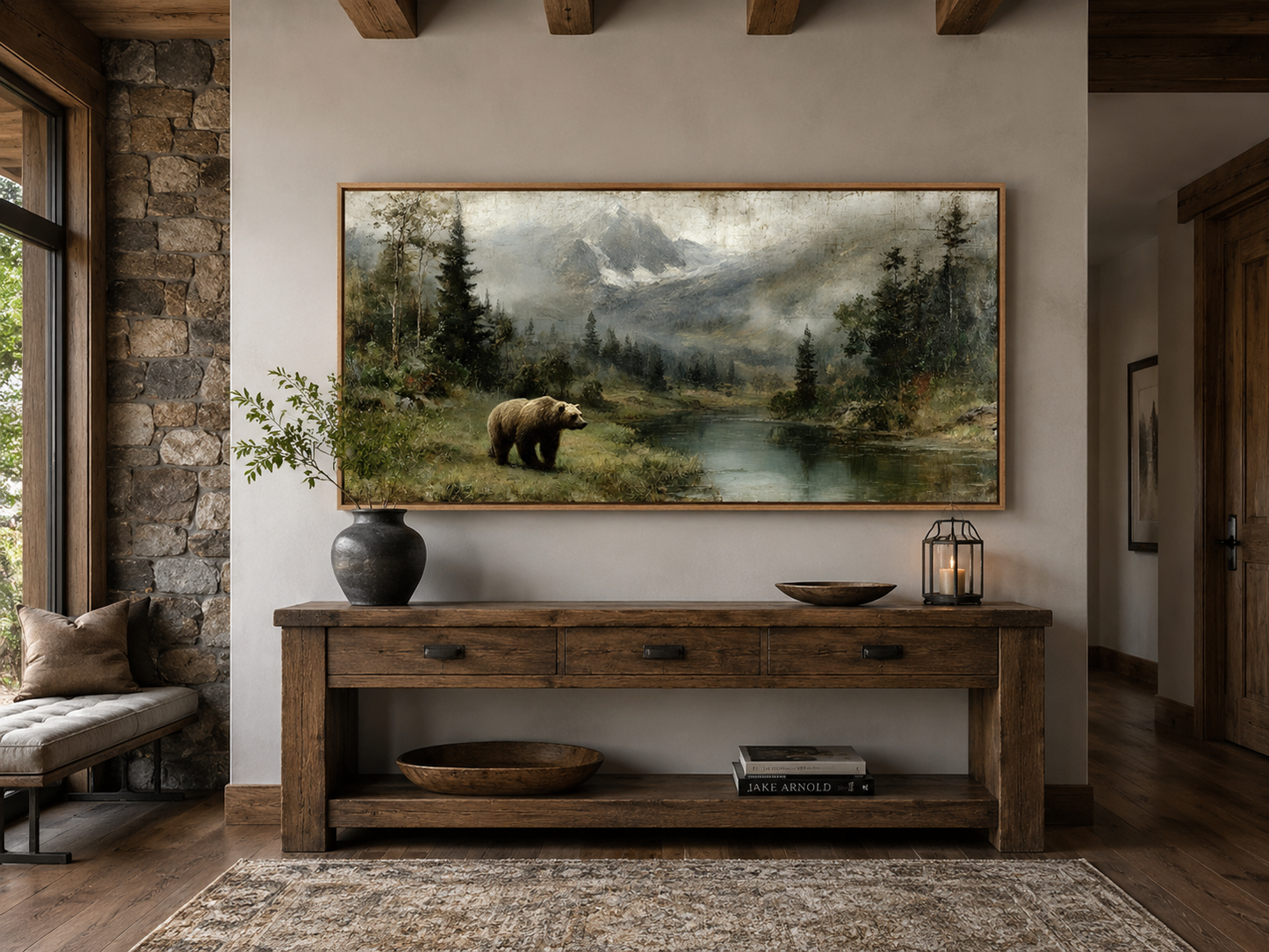 Grizzly Bear On The Lake Rustic Framed Canvas Wall Art For Cabin Decor