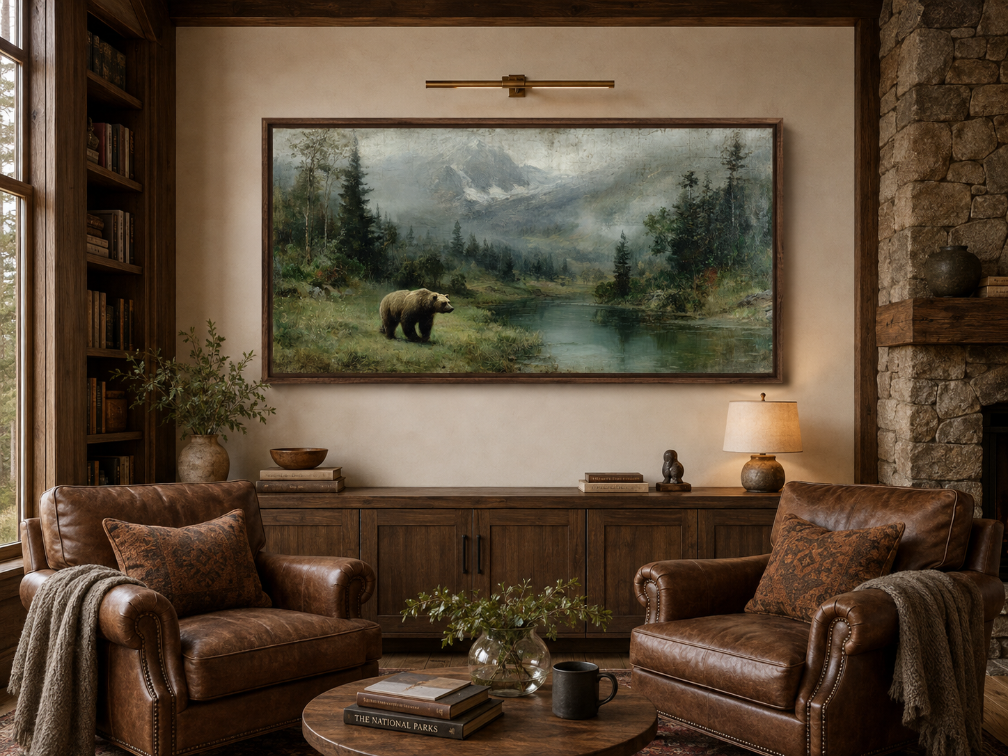Grizzly Bear On The Lake Rustic Framed Canvas Wall Art For Cabin Decor
