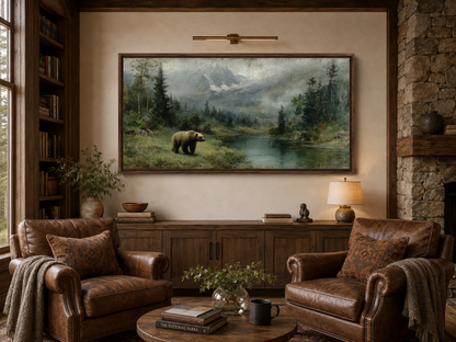 Grizzly Bear On The Lake Rustic Framed Canvas Wall Art For Cabin Decor