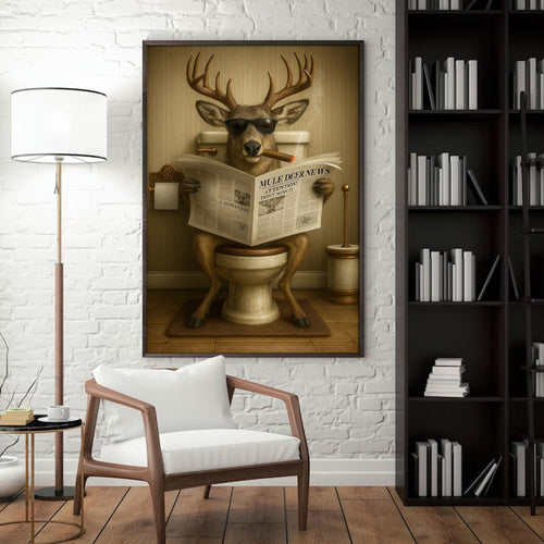 Funny Mule Deer Newspaper Bathroom Canvas Wall Art – Wildlife Animal Poster - Unique Gift for Dad, Hunters & Outdoorsmen