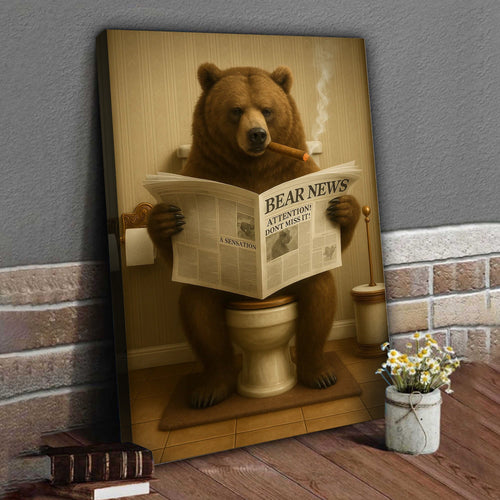 Grizzly Bear Bathroom Canvas – Funny Cabin Decor with Bear Hunting on Toilet Reading Newspaper - Gift for Outdoorsmen