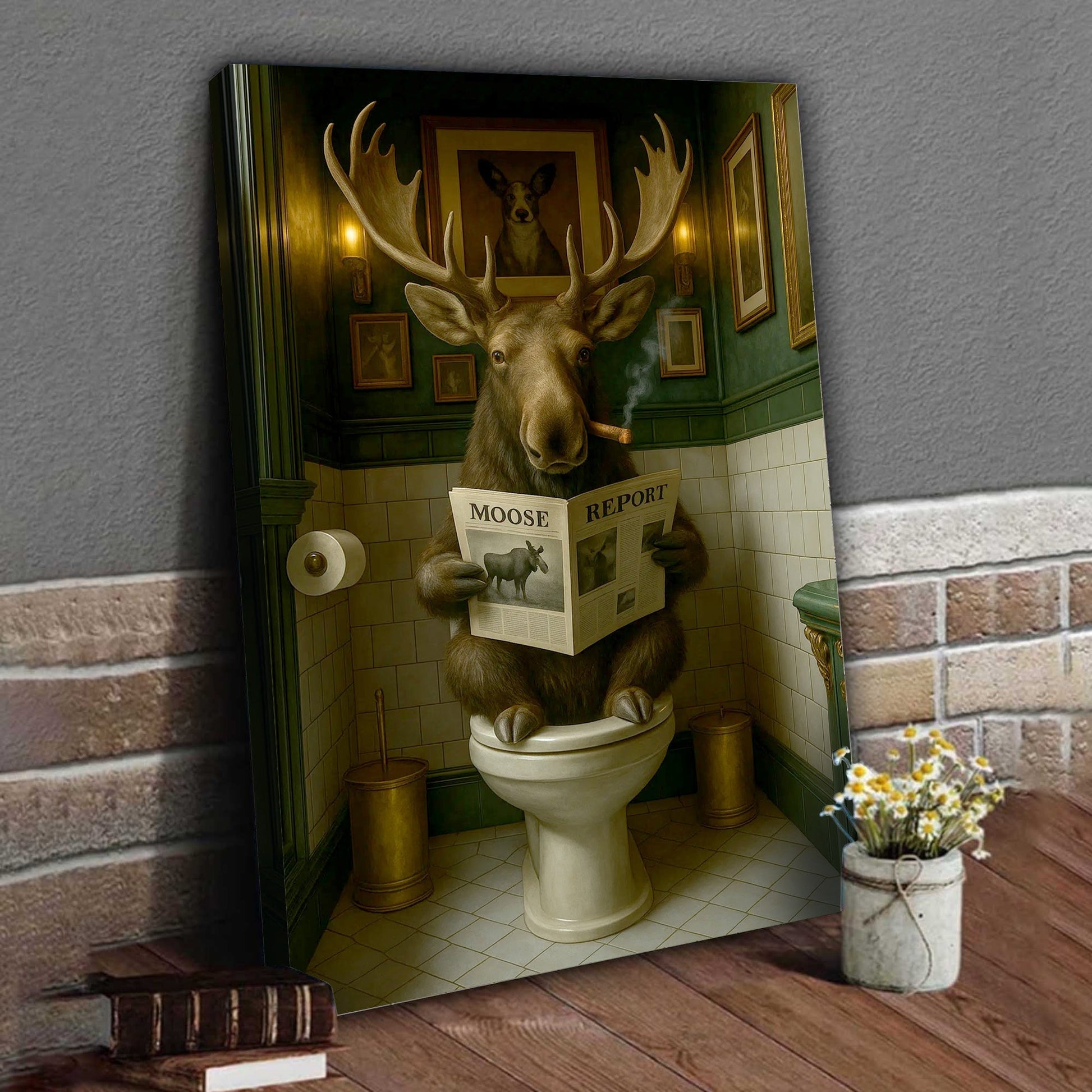 Funny Moose Bathroom Poster Canvas – Rustic Lodge Wall Art with Moose Reading ‘Moose Report’ - Gift for Hunters & Men
